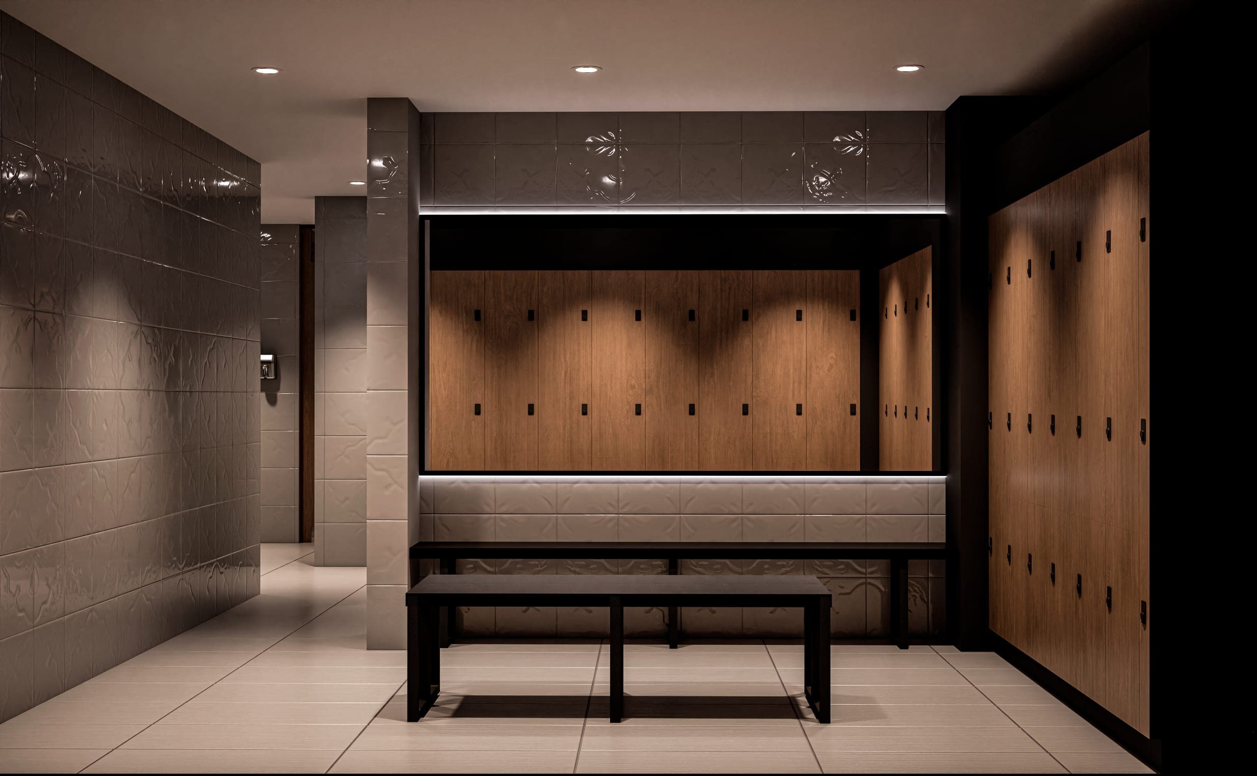 Premium locker room with wooden lockers